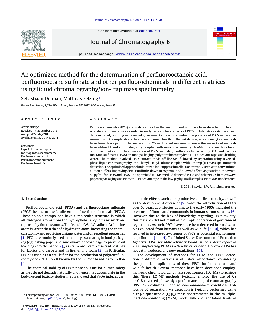 An optimized method for the determination of perfluorooctanoic acid, perfluorooctane sulfonate and other perfluorochemicals in different matrices using liquid chromatography/ion-trap mass spectrometry