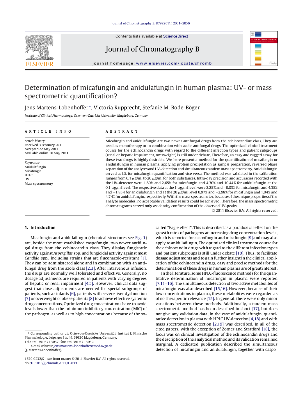 Determination of micafungin and anidulafungin in human plasma: UV- or mass spectrometric quantification?