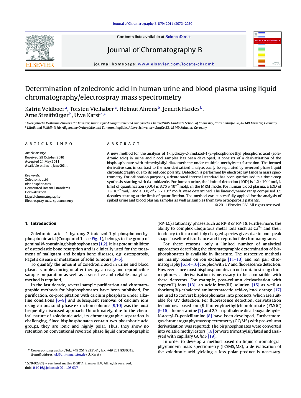 Determination of zoledronic acid in human urine and blood plasma using liquid chromatography/electrospray mass spectrometry