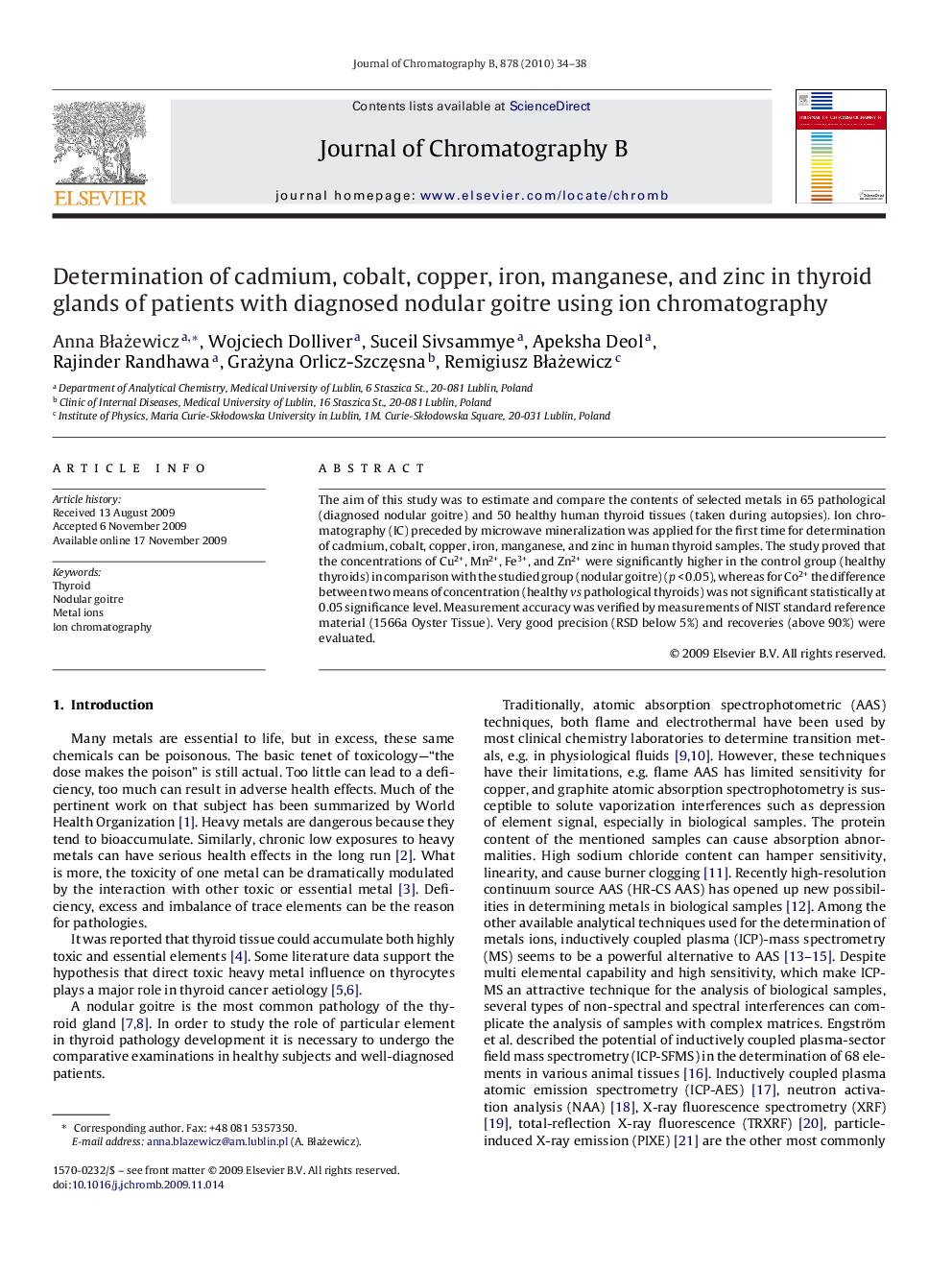 Determination of cadmium, cobalt, copper, iron, manganese, and zinc in thyroid glands of patients with diagnosed nodular goitre using ion chromatography