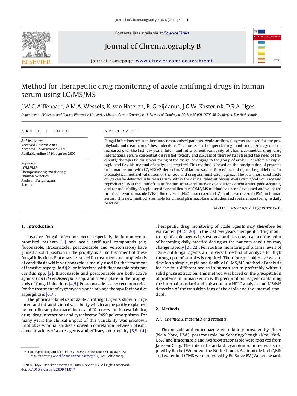 Method for therapeutic drug monitoring of azole antifungal drugs in human serum using LC/MS/MS