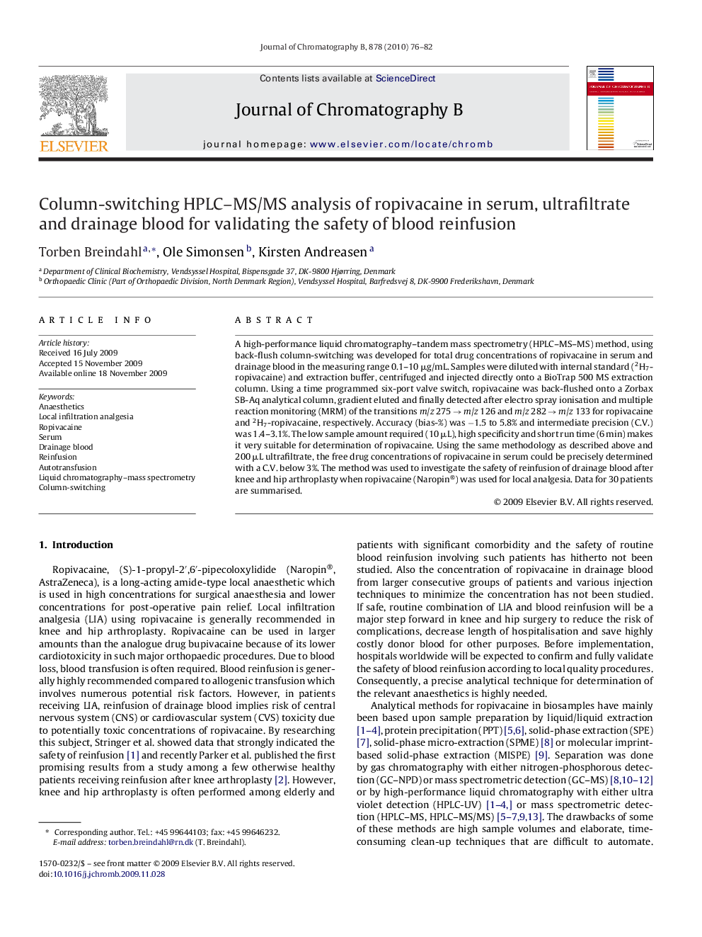 Column-switching HPLC–MS/MS analysis of ropivacaine in serum, ultrafiltrate and drainage blood for validating the safety of blood reinfusion