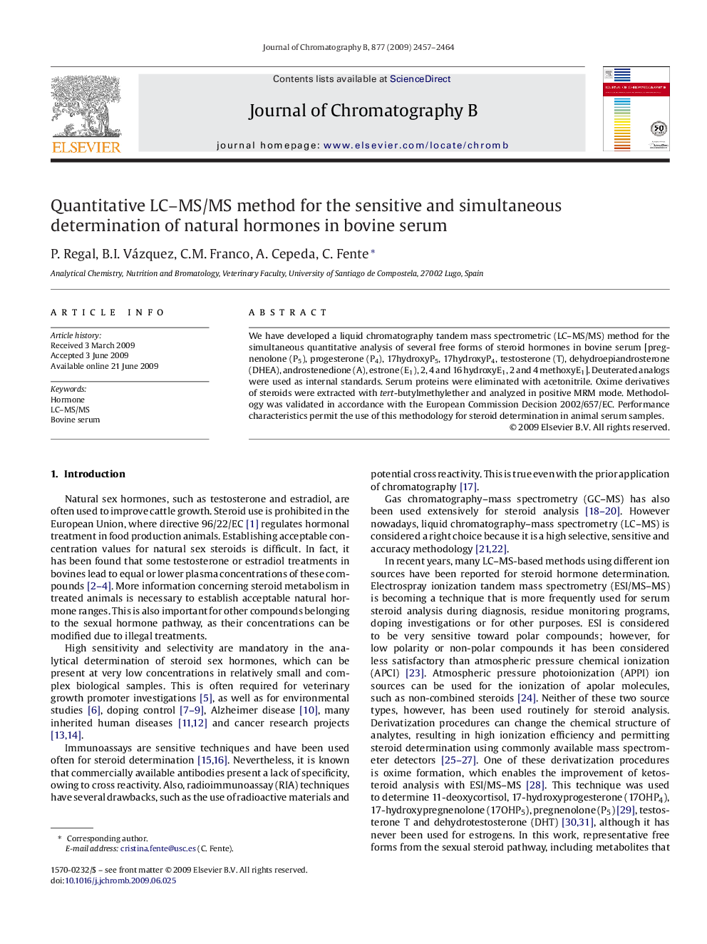 Quantitative LC–MS/MS method for the sensitive and simultaneous determination of natural hormones in bovine serum