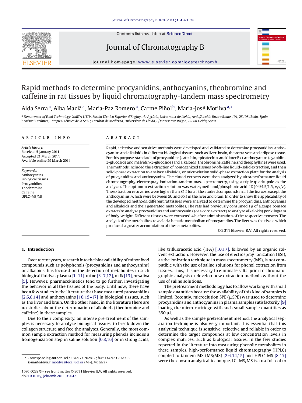 Rapid methods to determine procyanidins, anthocyanins, theobromine and caffeine in rat tissues by liquid chromatography-tandem mass spectrometry