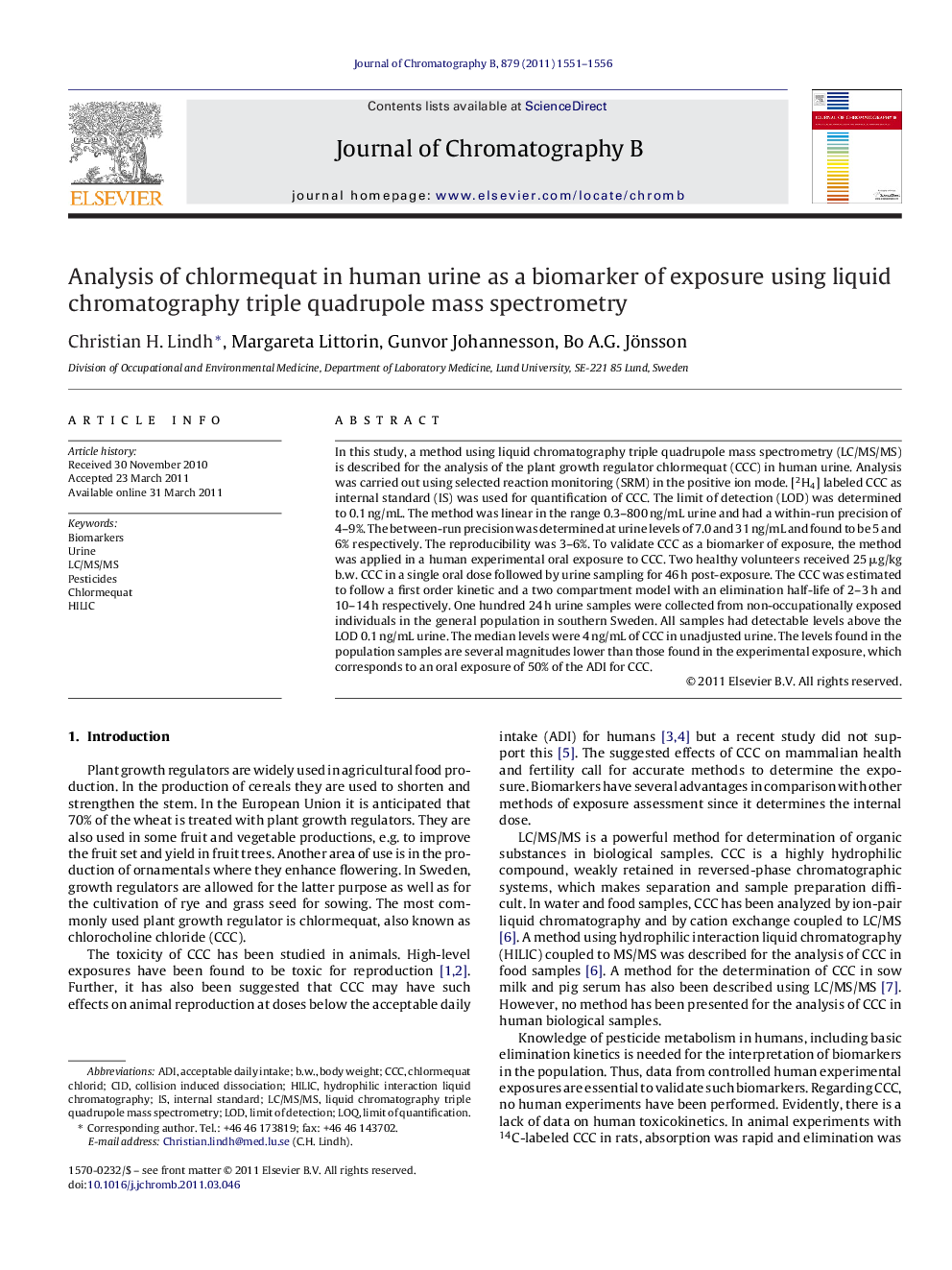 Analysis of chlormequat in human urine as a biomarker of exposure using liquid chromatography triple quadrupole mass spectrometry