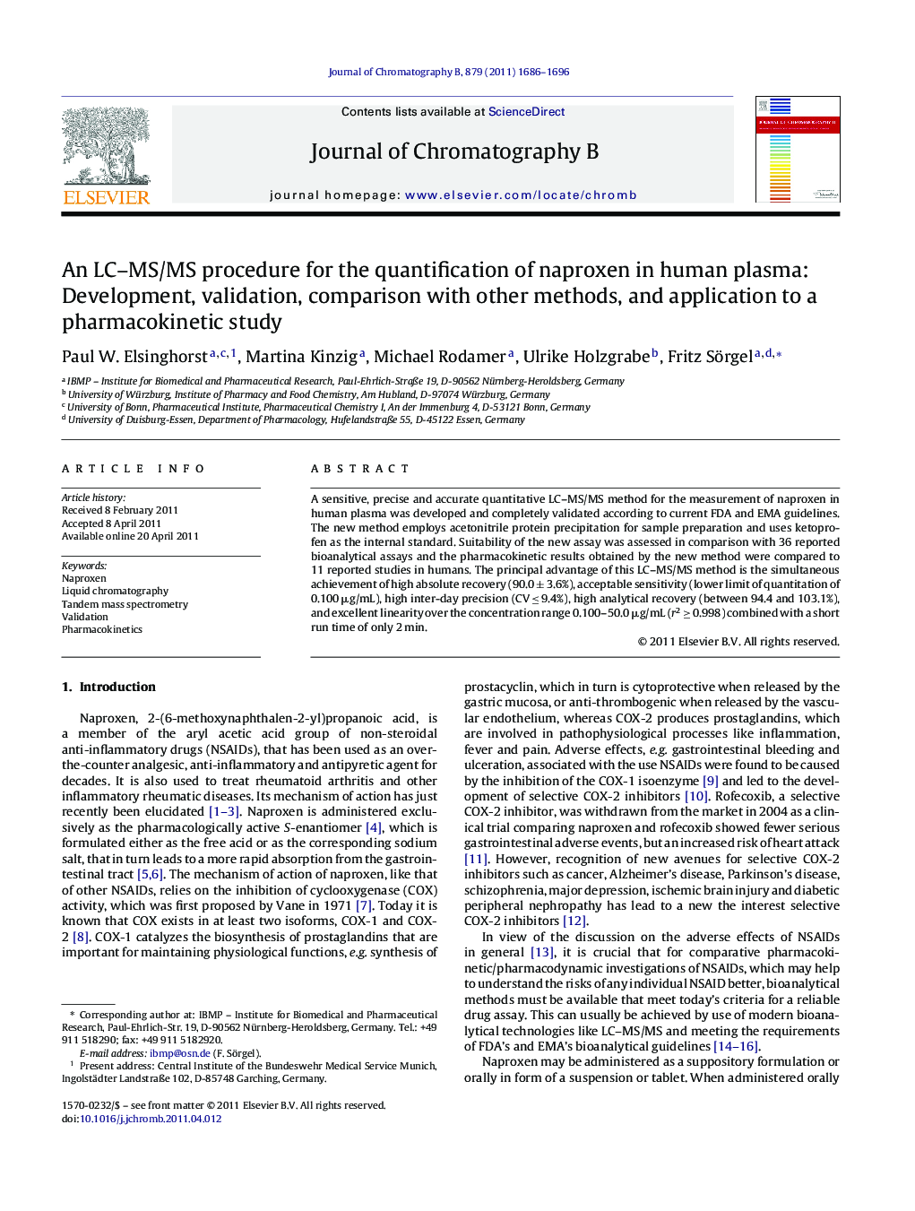 An LC–MS/MS procedure for the quantification of naproxen in human plasma: Development, validation, comparison with other methods, and application to a pharmacokinetic study