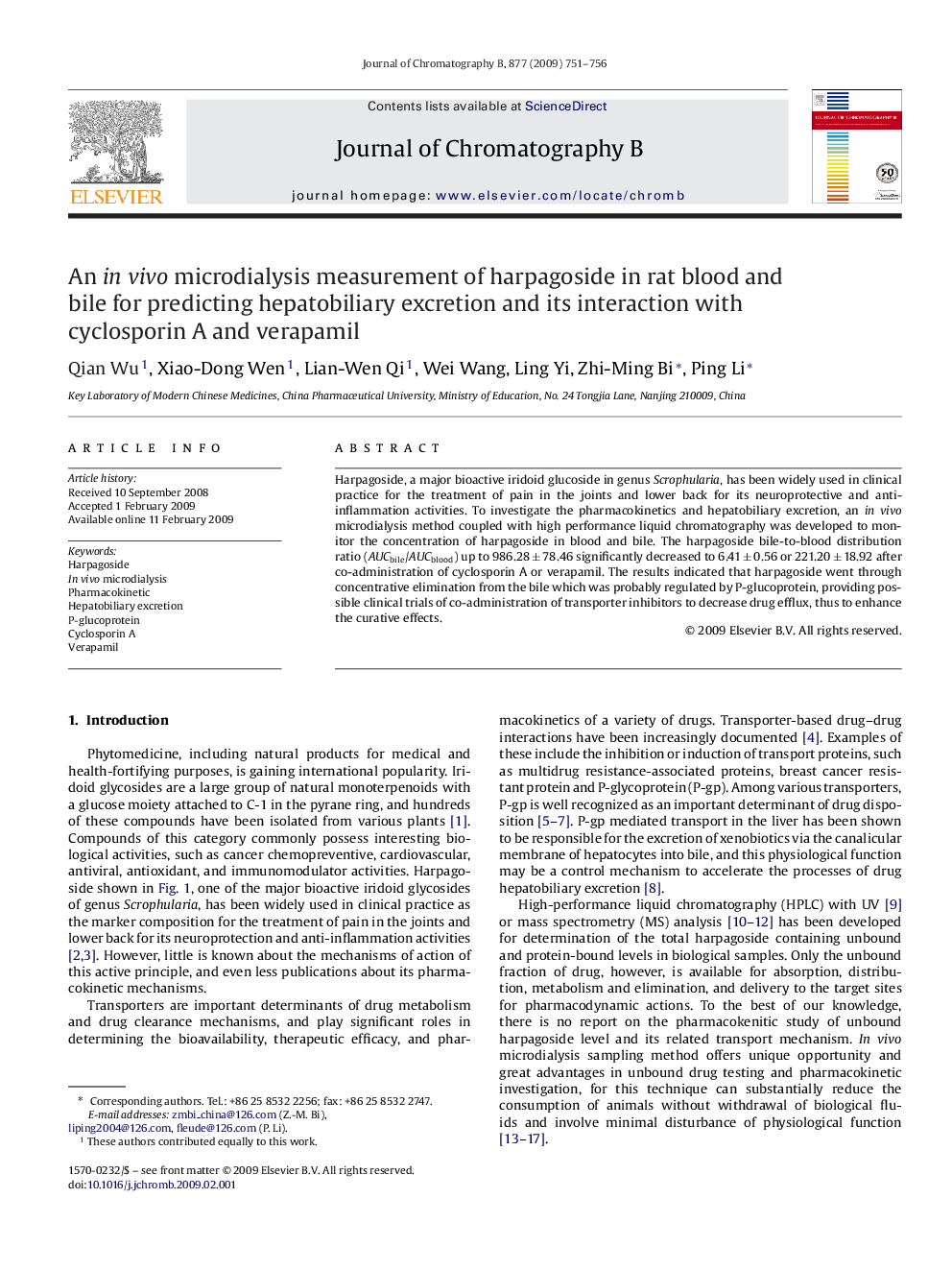 An in vivo microdialysis measurement of harpagoside in rat blood and bile for predicting hepatobiliary excretion and its interaction with cyclosporin A and verapamil