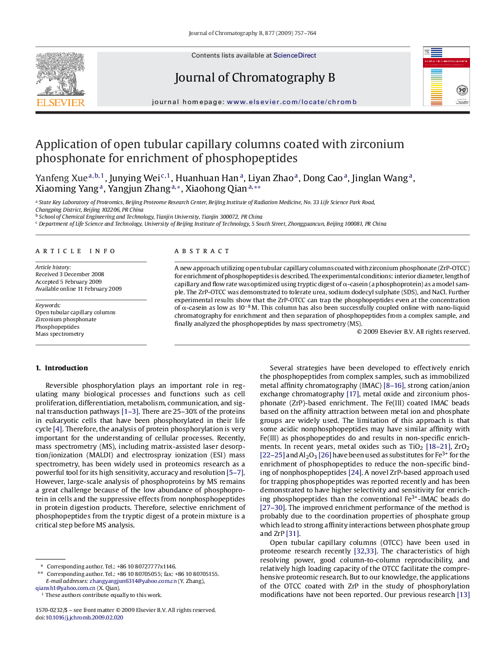 Application of open tubular capillary columns coated with zirconium phosphonate for enrichment of phosphopeptides