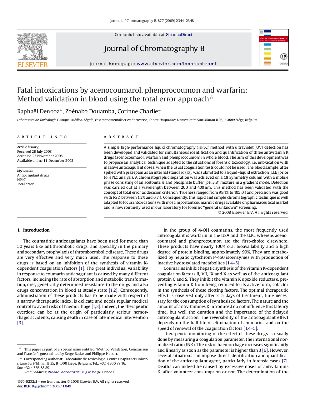 Fatal intoxications by acenocoumarol, phenprocoumon and warfarin: Method validation in blood using the total error approach 