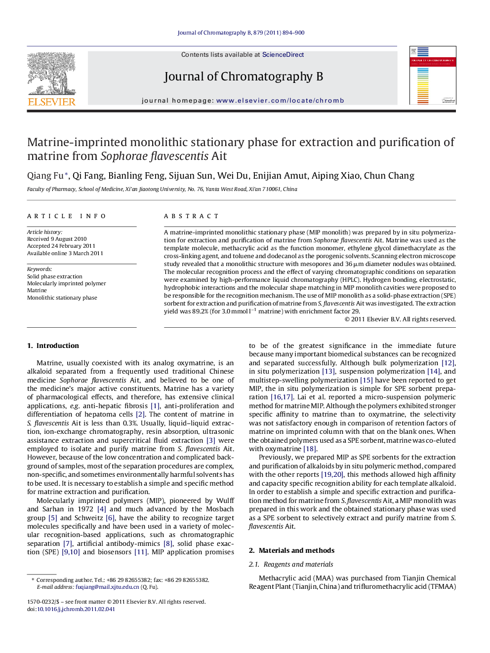 Matrine-imprinted monolithic stationary phase for extraction and purification of matrine from Sophorae flavescentis Ait