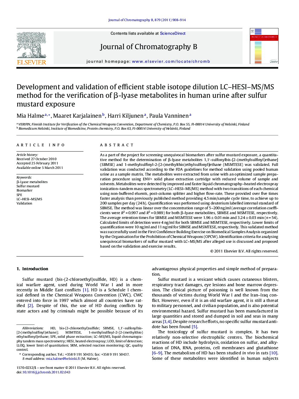 Development and validation of efficient stable isotope dilution LC–HESI–MS/MS method for the verification of β-lyase metabolites in human urine after sulfur mustard exposure