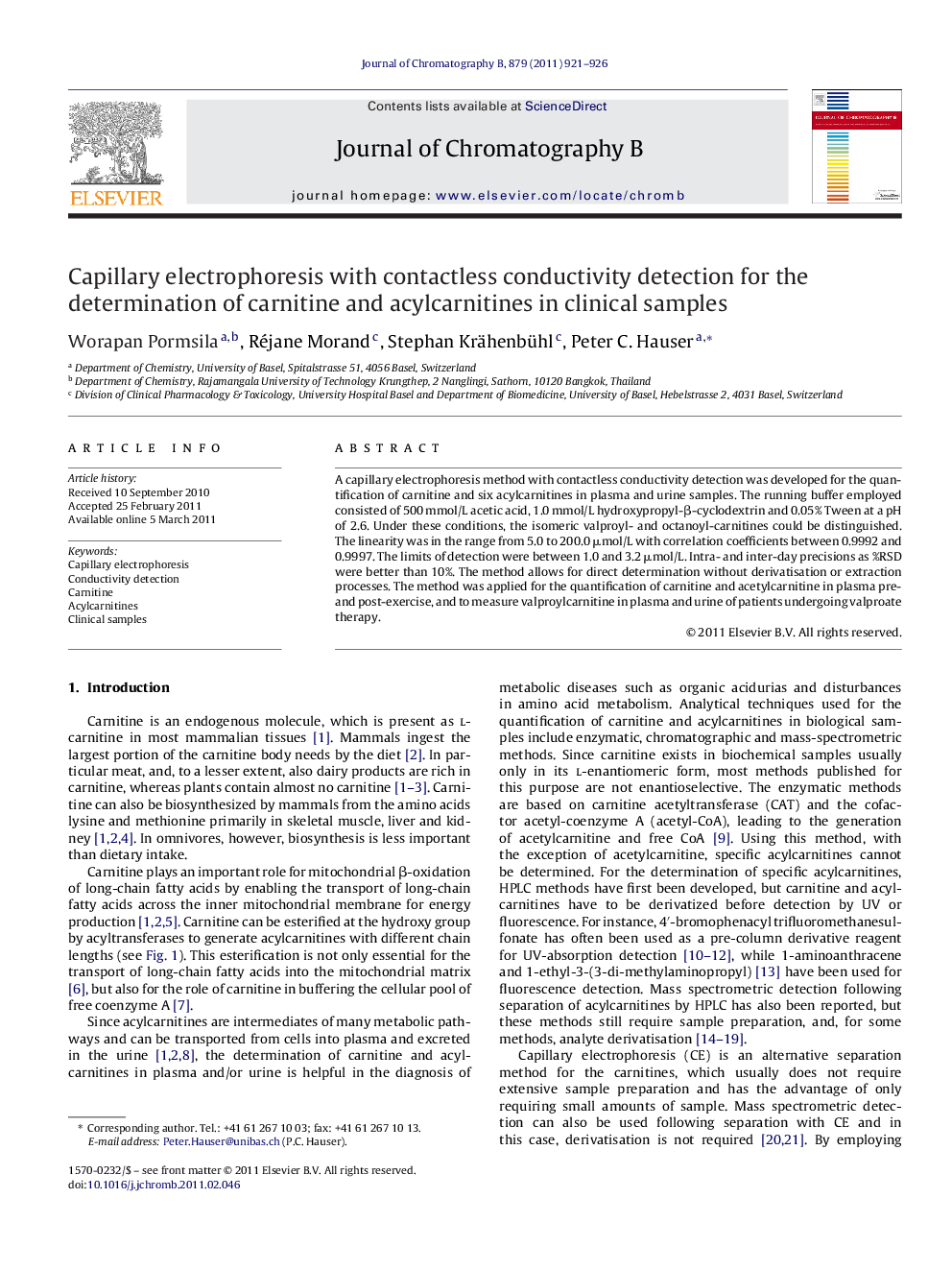 Capillary electrophoresis with contactless conductivity detection for the determination of carnitine and acylcarnitines in clinical samples