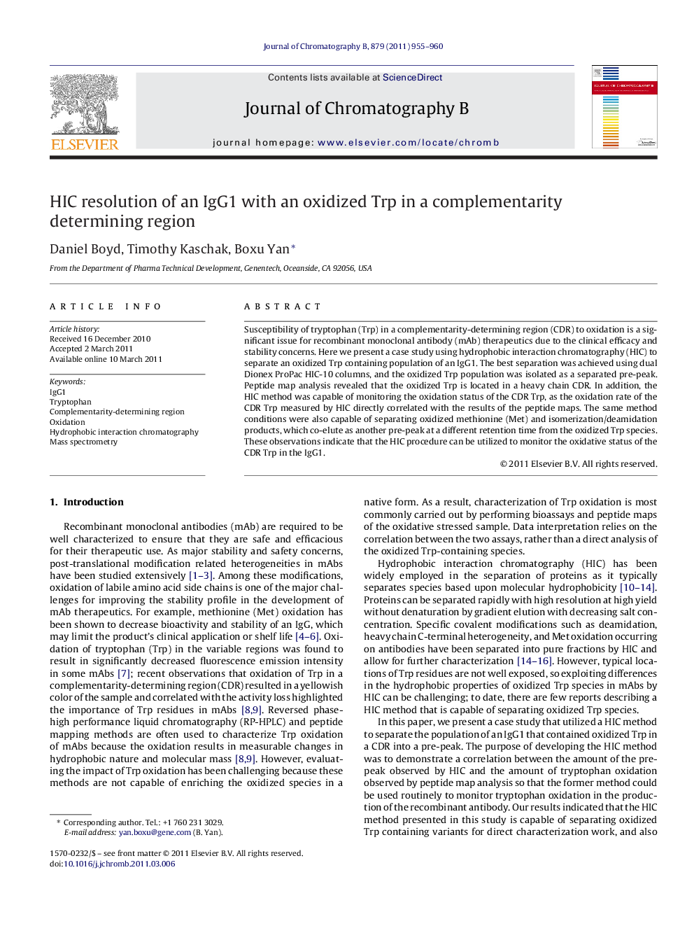 HIC resolution of an IgG1 with an oxidized Trp in a complementarity determining region