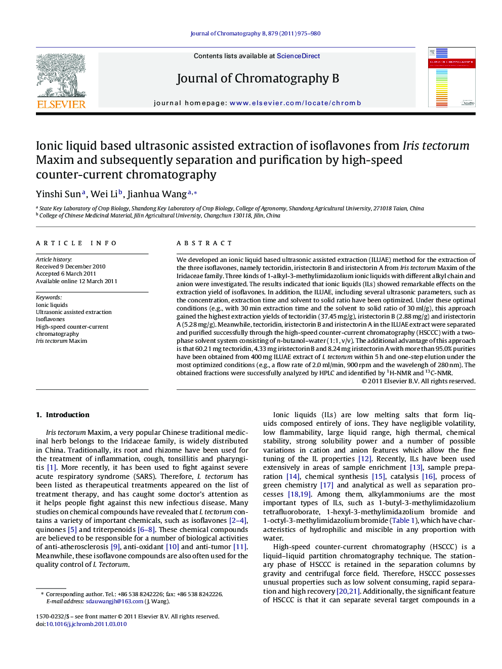 Ionic liquid based ultrasonic assisted extraction of isoflavones from Iris tectorum Maxim and subsequently separation and purification by high-speed counter-current chromatography