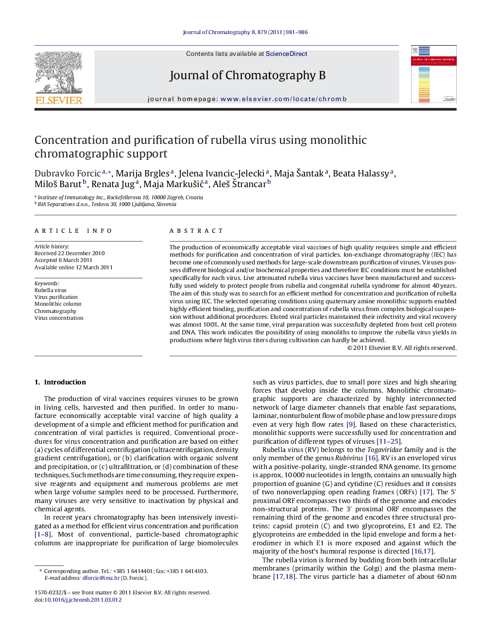 Concentration and purification of rubella virus using monolithic chromatographic support