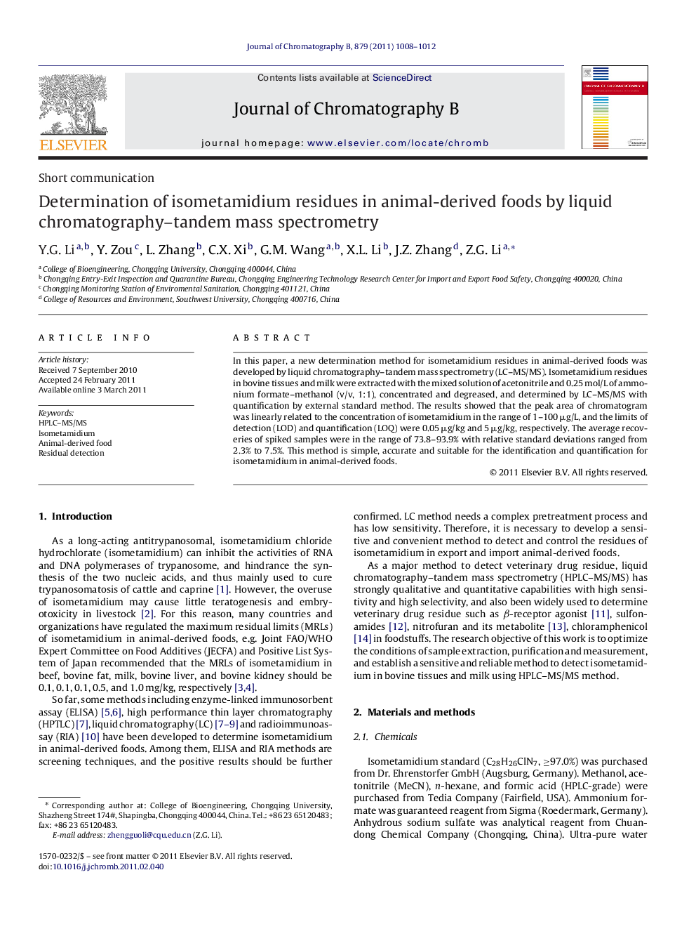 Determination of isometamidium residues in animal-derived foods by liquid chromatography–tandem mass spectrometry