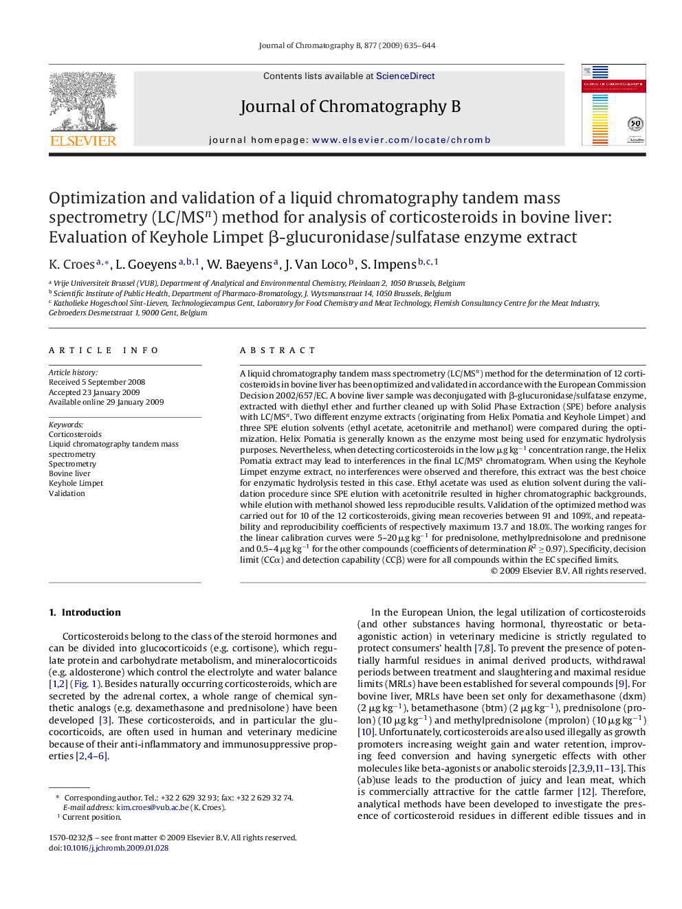 Optimization and validation of a liquid chromatography tandem mass spectrometry (LC/MSn) method for analysis of corticosteroids in bovine liver: Evaluation of Keyhole Limpet β-glucuronidase/sulfatase enzyme extract