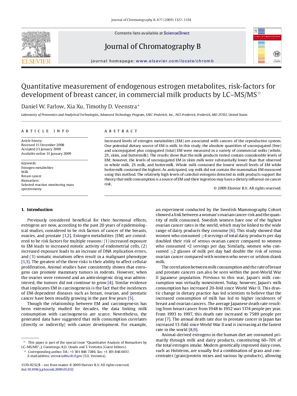 Quantitative measurement of endogenous estrogen metabolites, risk-factors for development of breast cancer, in commercial milk products by LC–MS/MS 