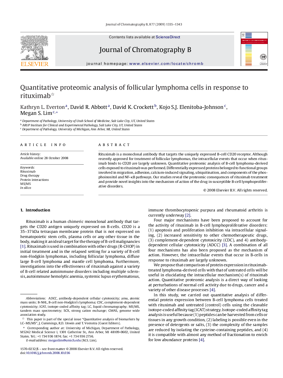 Quantitative proteomic analysis of follicular lymphoma cells in response to rituximab 