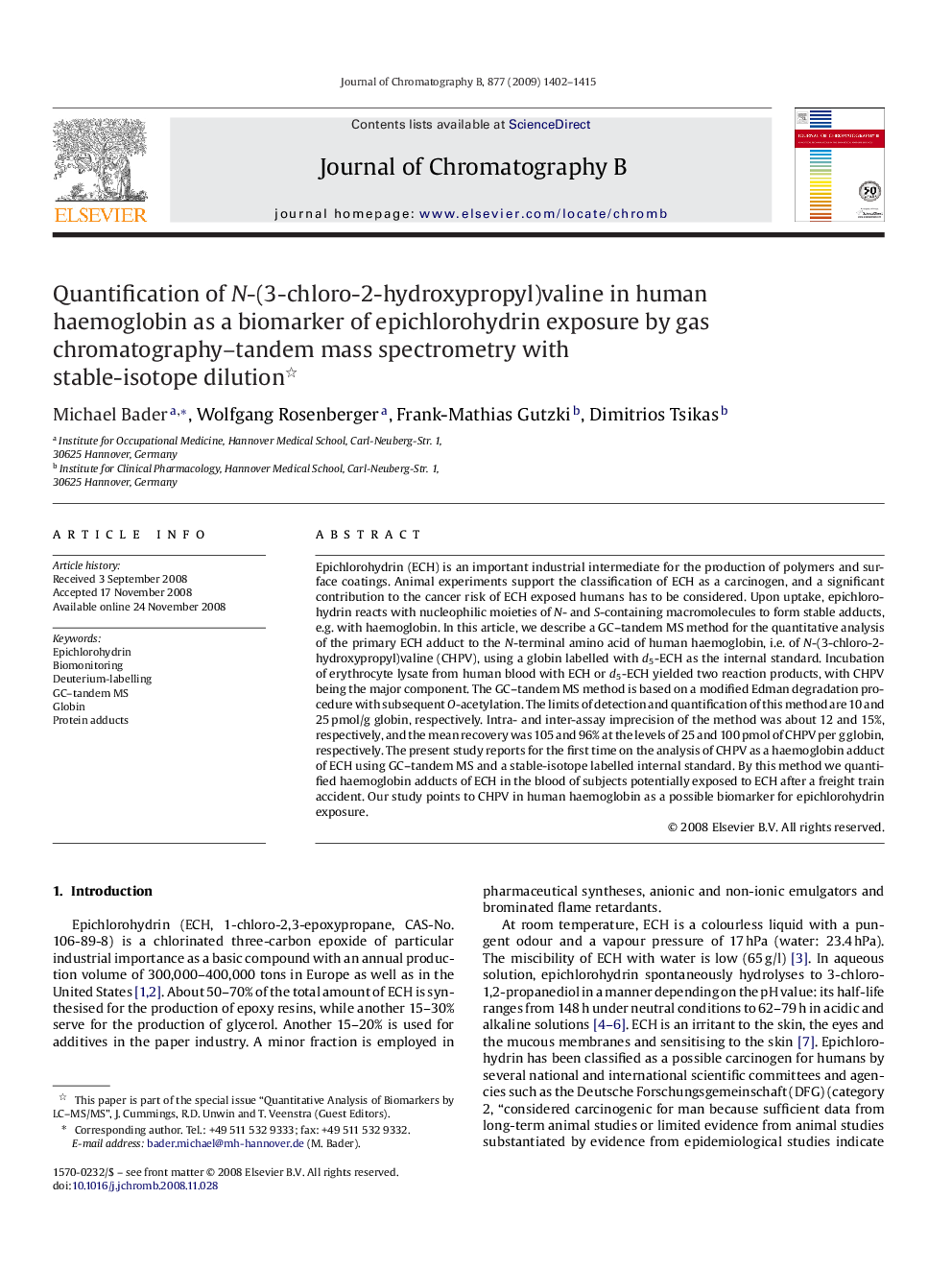 Quantification of N-(3-chloro-2-hydroxypropyl)valine in human haemoglobin as a biomarker of epichlorohydrin exposure by gas chromatography–tandem mass spectrometry with stable-isotope dilution 