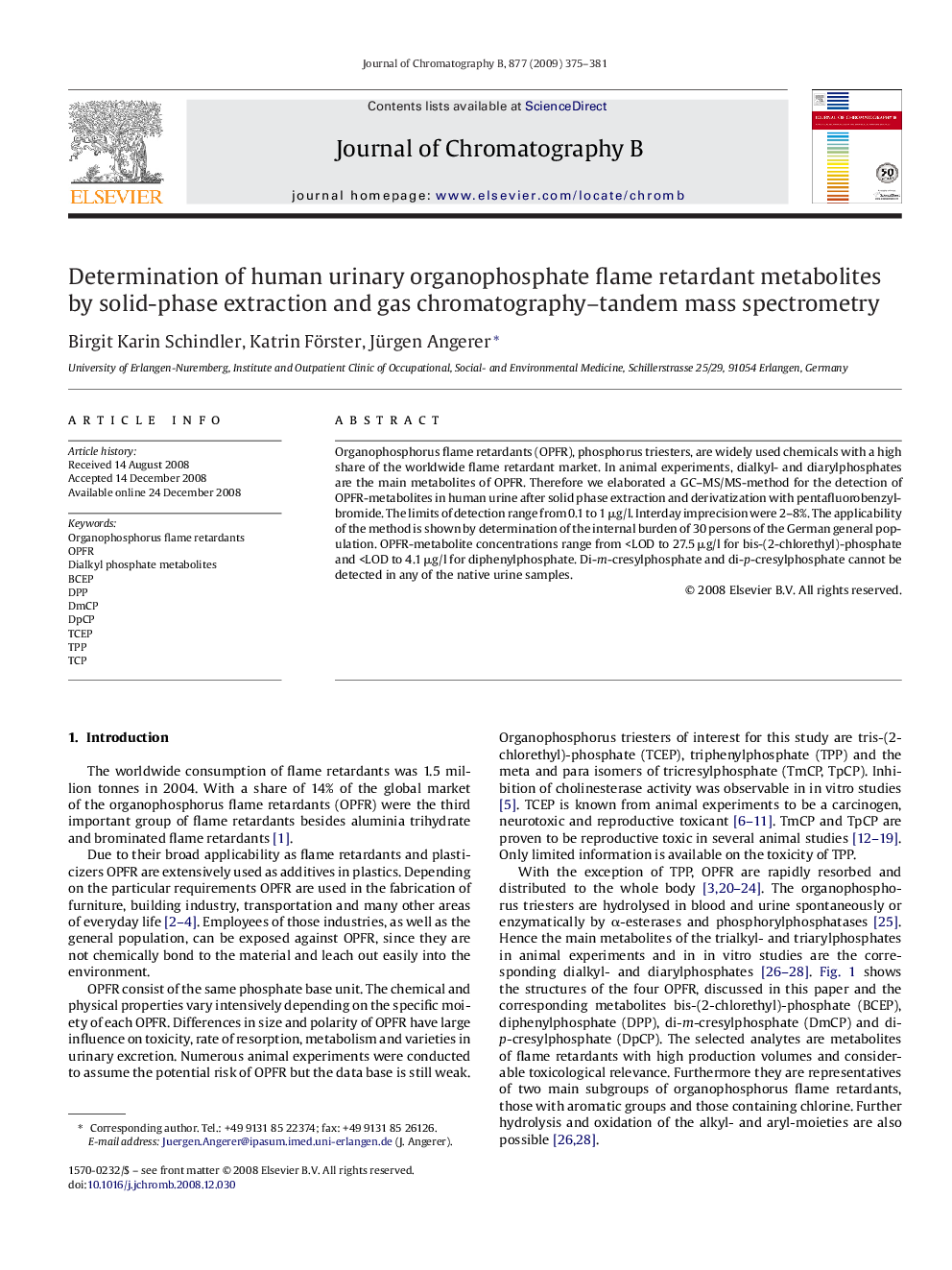 Determination of human urinary organophosphate flame retardant metabolites by solid-phase extraction and gas chromatography–tandem mass spectrometry