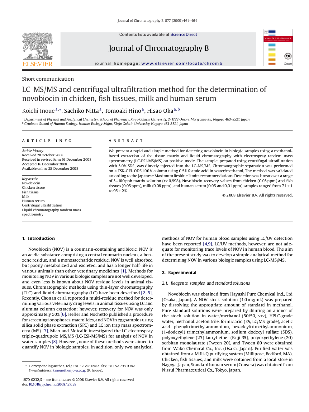 LC-MS/MS and centrifugal ultrafiltration method for the determination of novobiocin in chicken, fish tissues, milk and human serum