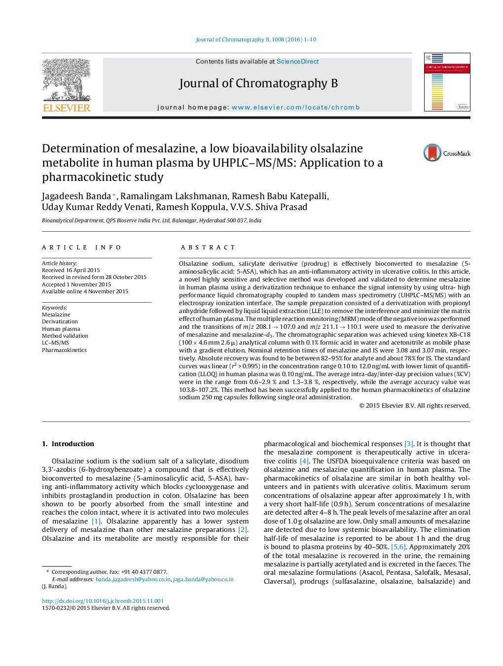 Determination of mesalazine, a low bioavailability olsalazine metabolite in human plasma by UHPLC–MS/MS: Application to a pharmacokinetic study