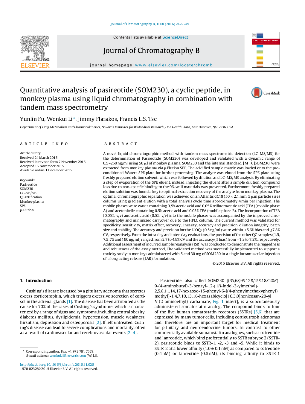 Quantitative analysis of pasireotide (SOM230), a cyclic peptide, in monkey plasma using liquid chromatography in combination with tandem mass spectrometry