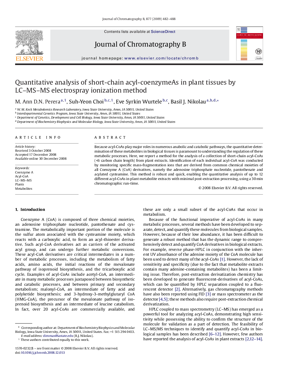 عکس صفحه اول مقاله: Quantitative analysis of short-chain acyl-coenzymeAs in plant tissues by LC–MS–MS electrospray ionization method Quantitative analysis of short-chain acyl-coenzymeAs in plant tissues by LC–MS–MS electrospray ionization method