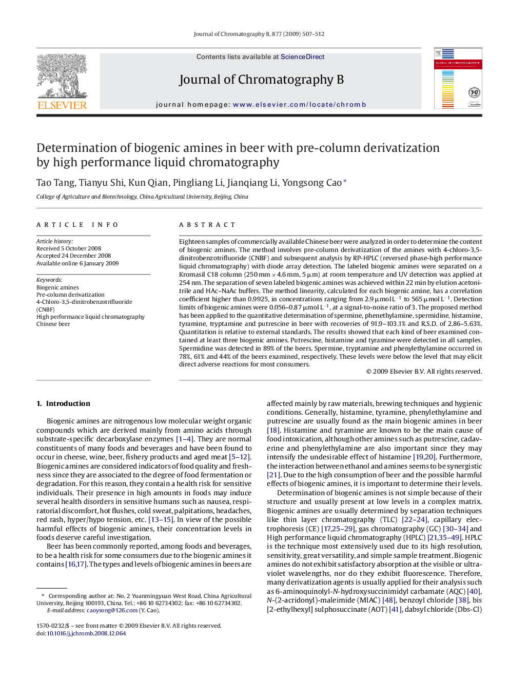 Determination of biogenic amines in beer with pre-column derivatization by high performance liquid chromatography