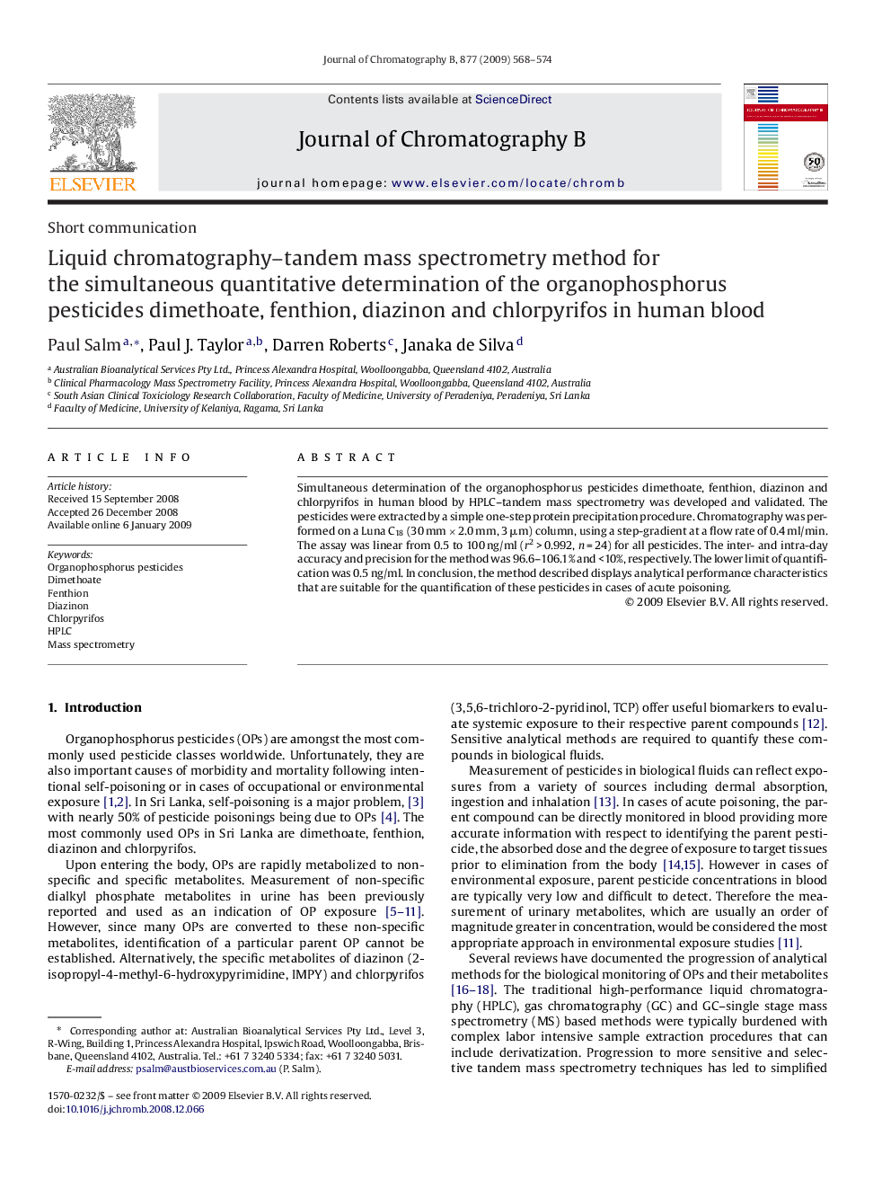 Liquid chromatography–tandem mass spectrometry method for the simultaneous quantitative determination of the organophosphorus pesticides dimethoate, fenthion, diazinon and chlorpyrifos in human blood