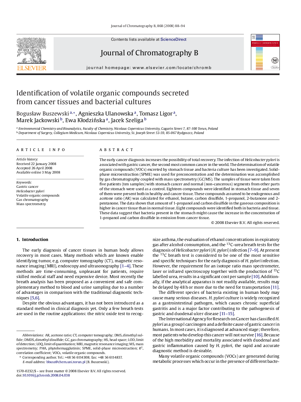 Identification of volatile organic compounds secreted from cancer tissues and bacterial cultures