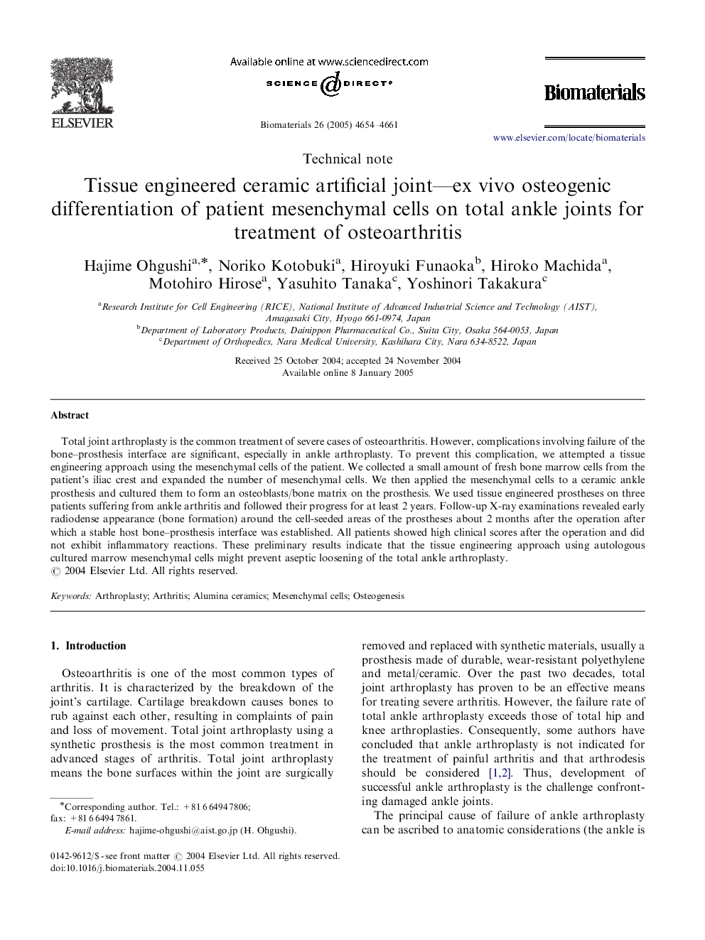 Tissue engineered ceramic artificial joint—ex vivo osteogenic differentiation of patient mesenchymal cells on total ankle joints for treatment of osteoarthritis