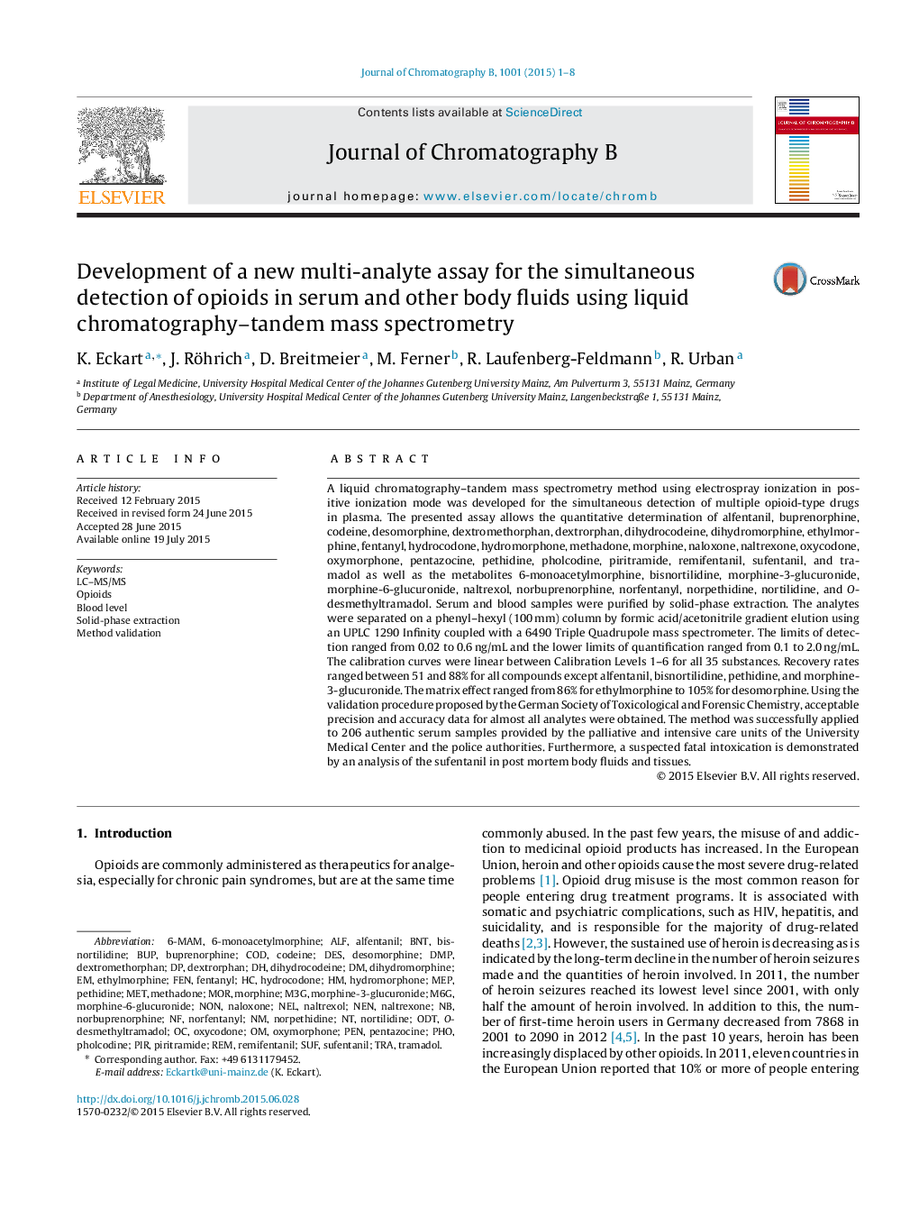 Development of a new multi-analyte assay for the simultaneous detection of opioids in serum and other body fluids using liquid chromatography–tandem mass spectrometry
