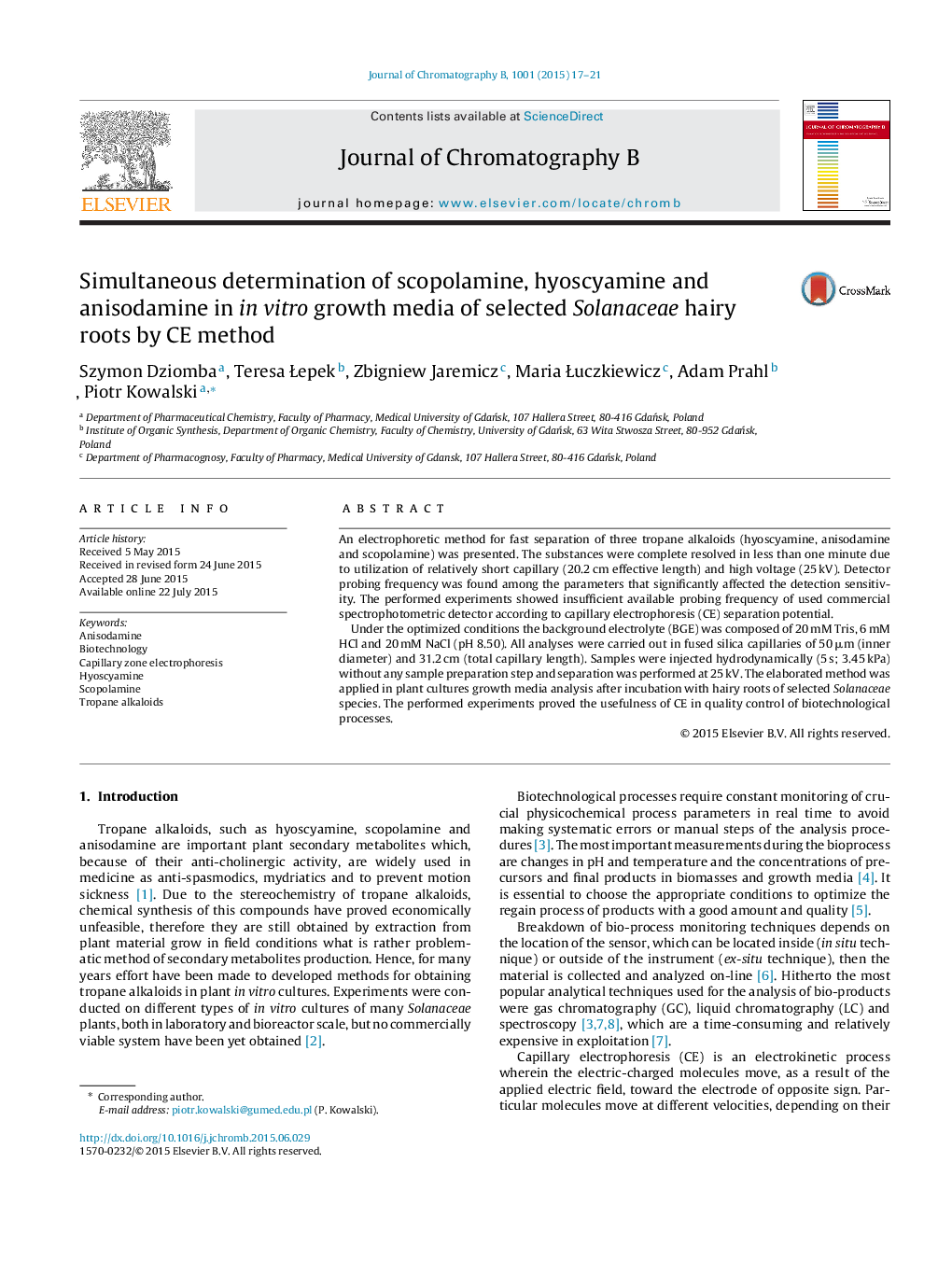 Simultaneous determination of scopolamine, hyoscyamine and anisodamine in in vitro growth media of selected Solanaceae hairy roots by CE method