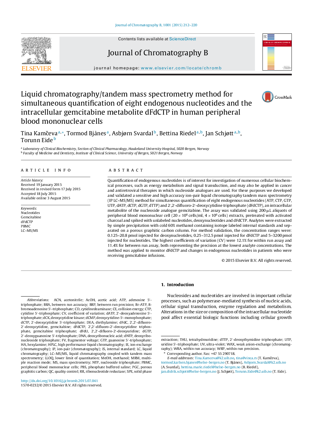 Liquid chromatography/tandem mass spectrometry method for simultaneous quantification of eight endogenous nucleotides and the intracellular gemcitabine metabolite dFdCTP in human peripheral blood mononuclear cells