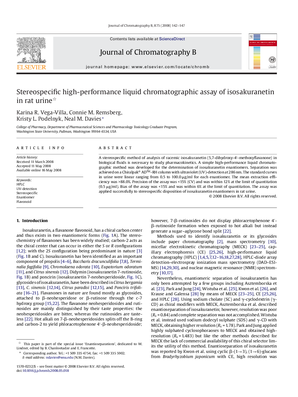 Stereospecific high-performance liquid chromatographic assay of isosakuranetin in rat urine