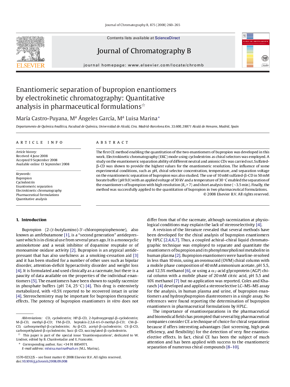 Enantiomeric separation of bupropion enantiomers by electrokinetic chromatography: Quantitative analysis in pharmaceutical formulations 