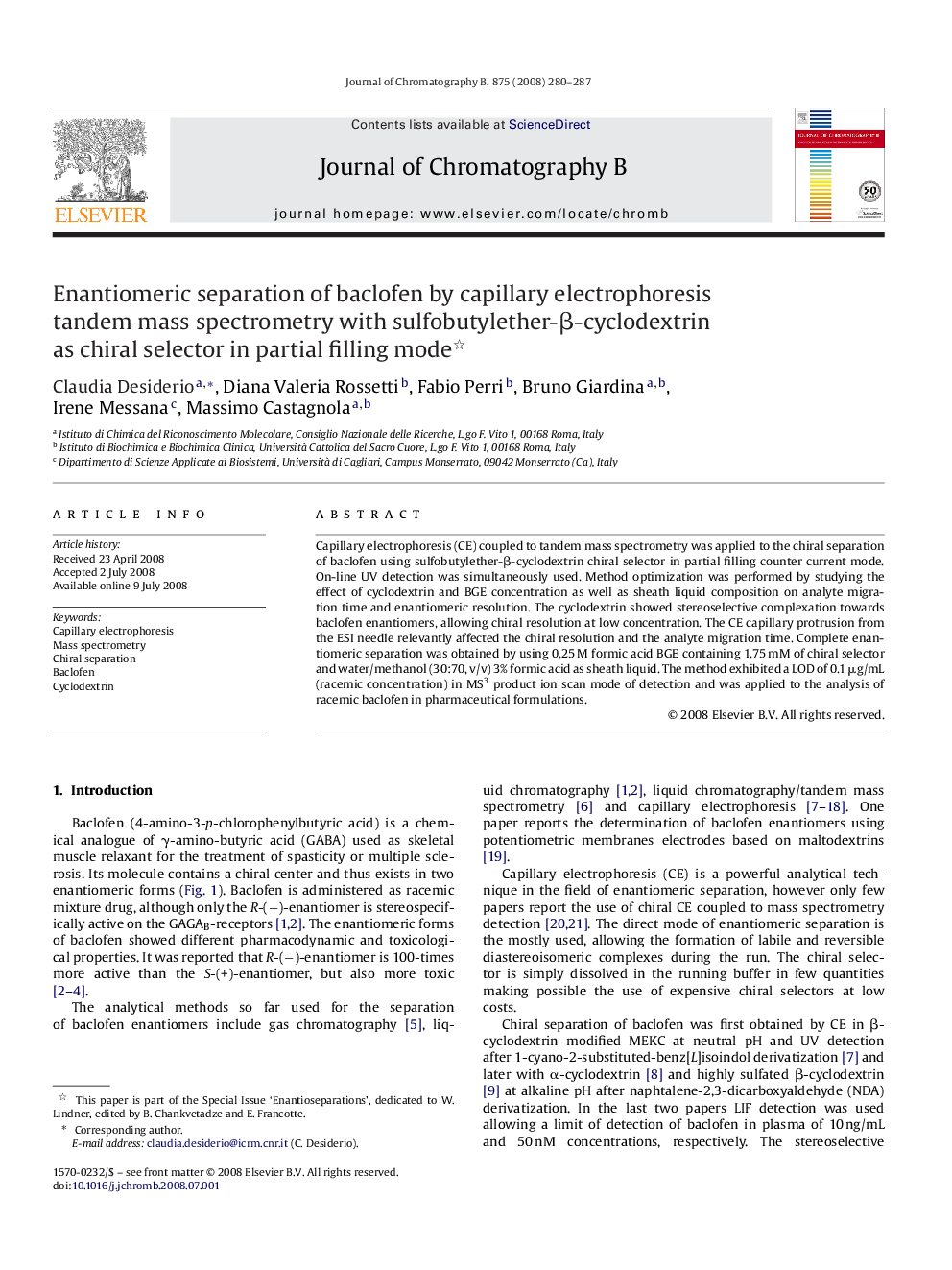 عکس صفحه اول مقاله: Enantiomeric separation of baclofen by capillary electrophoresis tandem mass spectrometry with sulfobutylether-β-cyclodextrin as chiral selector in partial filling mode Enantiomeric separation of baclofen by capillary electrophoresis tandem mass spectrometry with sulfobutylether-β-cyclodextrin as chiral selector in partial filling mode