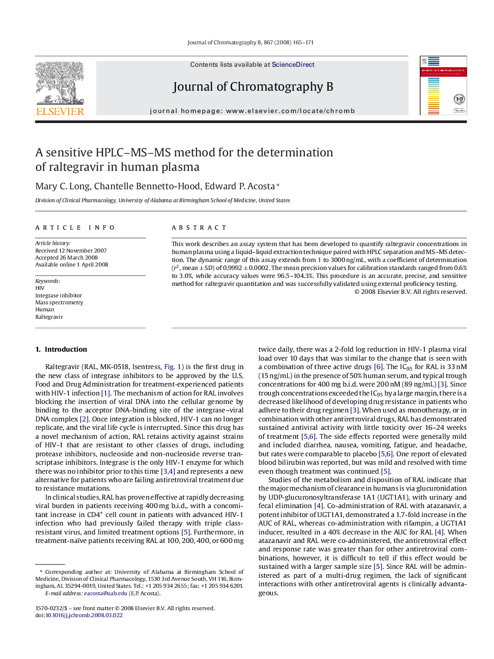 عکس صفحه اول مقاله: A sensitive HPLC–MS–MS method for the determination of raltegravir in human plasma A sensitive HPLC–MS–MS method for the determination of raltegravir in human plasma