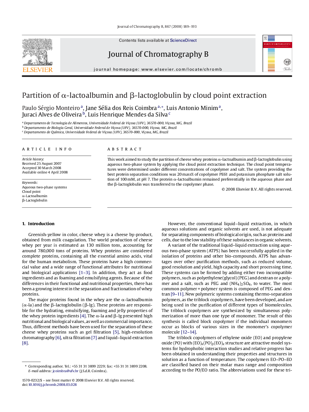 عکس صفحه اول مقاله: Partition of α-lactoalbumin and β-lactoglobulin by cloud point extraction Partition of α-lactoalbumin and β-lactoglobulin by cloud point extraction