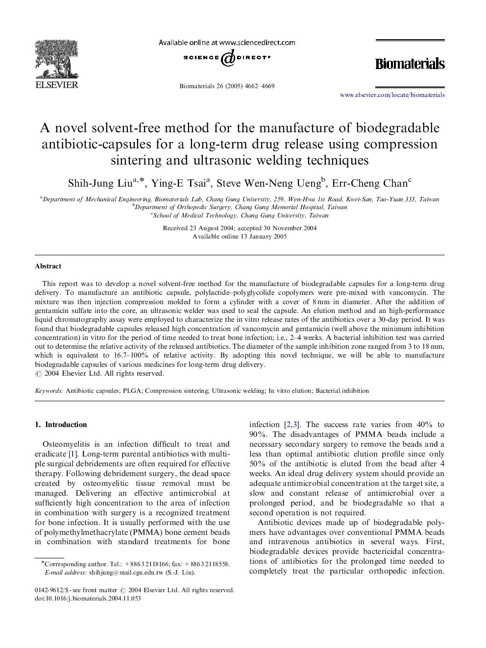 A novel solvent-free method for the manufacture of biodegradable antibiotic-capsules for a long-term drug release using compression sintering and ultrasonic welding techniques