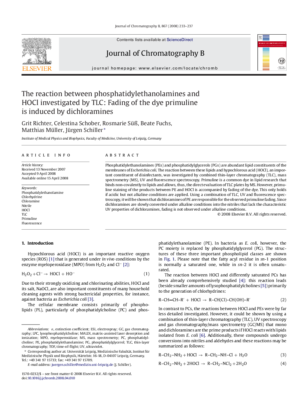 The reaction between phosphatidylethanolamines and HOCl investigated by TLC: Fading of the dye primuline is induced by dichloramines