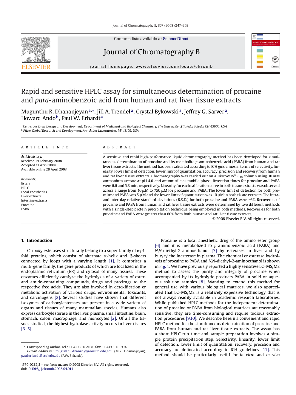 Rapid and sensitive HPLC assay for simultaneous determination of procaine and para-aminobenzoic acid from human and rat liver tissue extracts