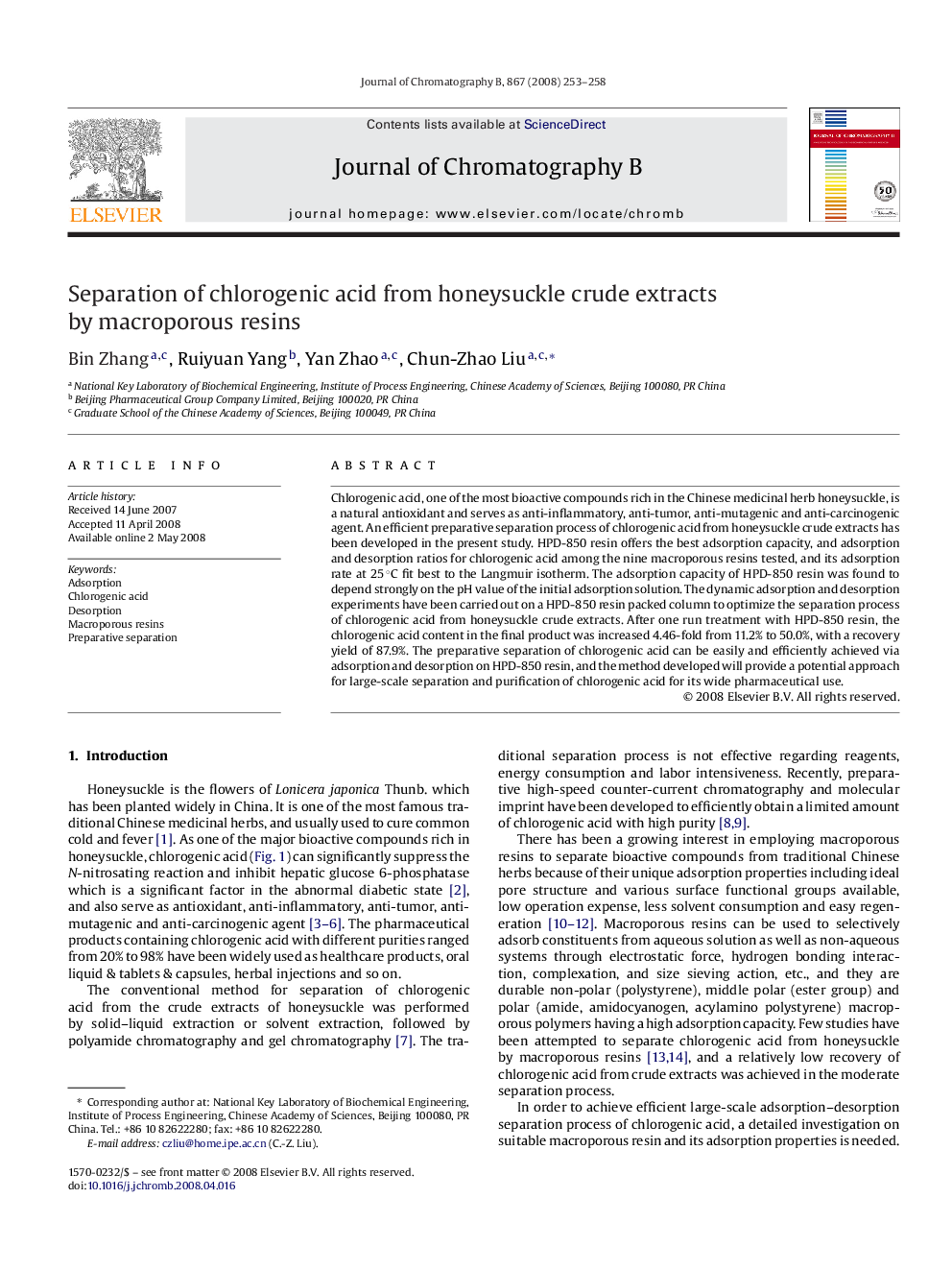 Separation of chlorogenic acid from honeysuckle crude extracts by macroporous resins