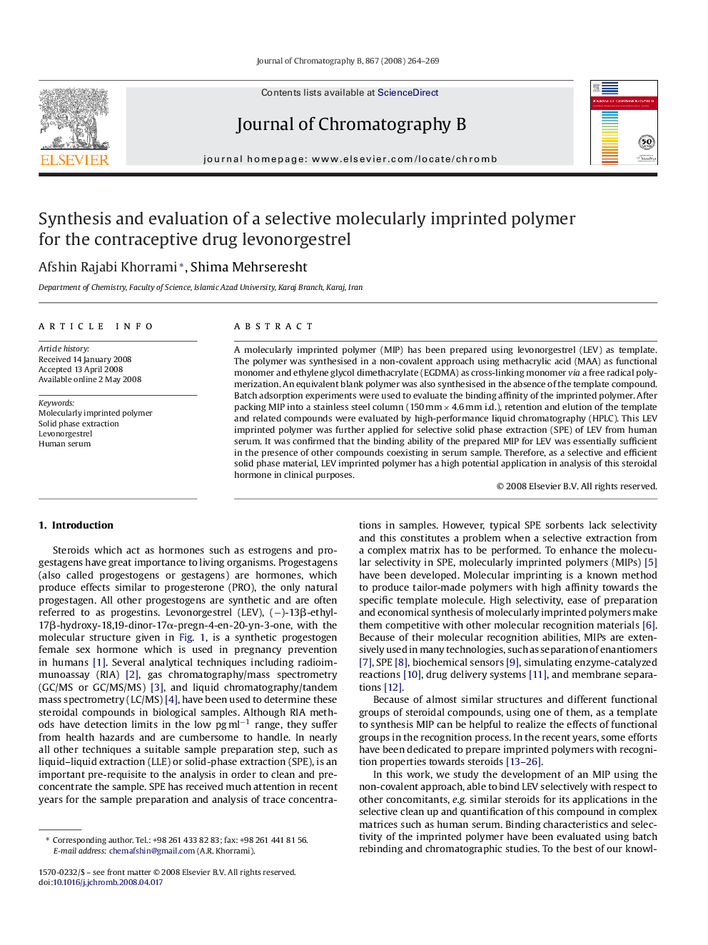 Synthesis and evaluation of a selective molecularly imprinted polymer for the contraceptive drug levonorgestrel