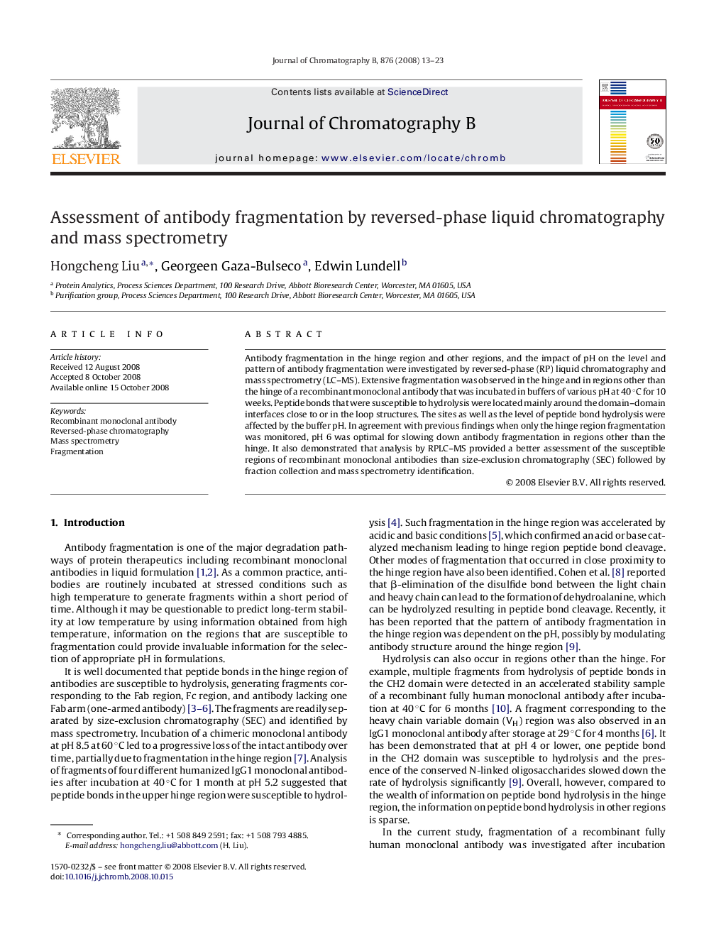 Assessment of antibody fragmentation by reversed-phase liquid chromatography and mass spectrometry