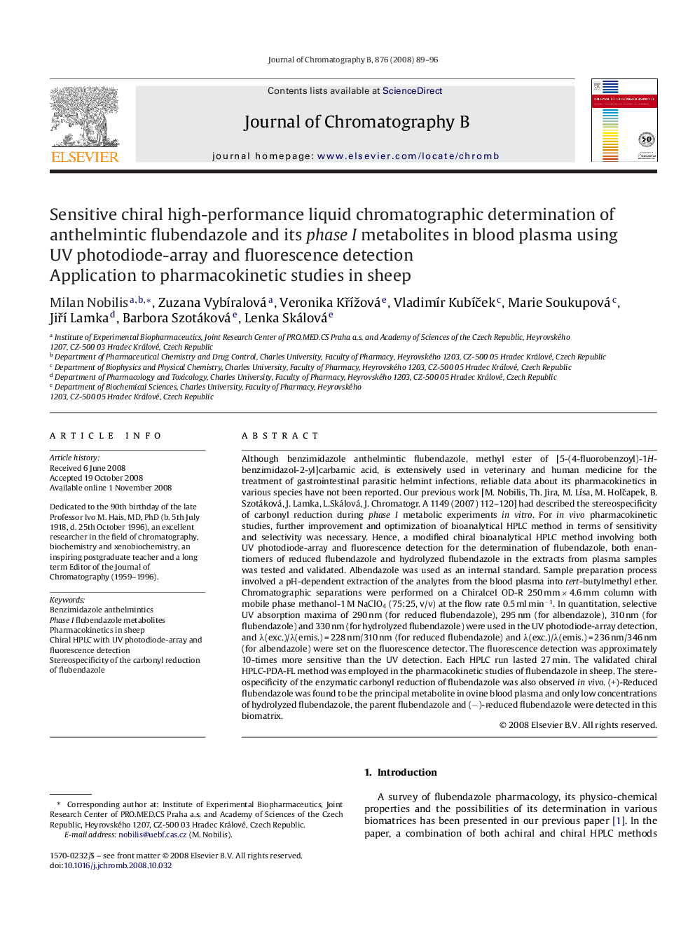 Sensitive chiral high-performance liquid chromatographic determination of anthelmintic flubendazole and its phase I metabolites in blood plasma using UV photodiode-array and fluorescence detection: Application to pharmacokinetic studies in sheep