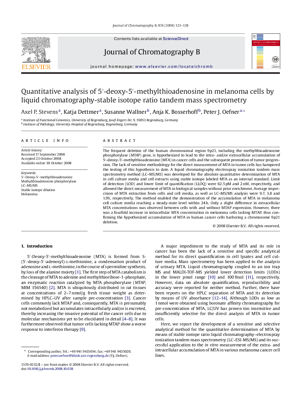 Quantitative analysis of 5′-deoxy-5′-methylthioadenosine in melanoma cells by liquid chromatography-stable isotope ratio tandem mass spectrometry