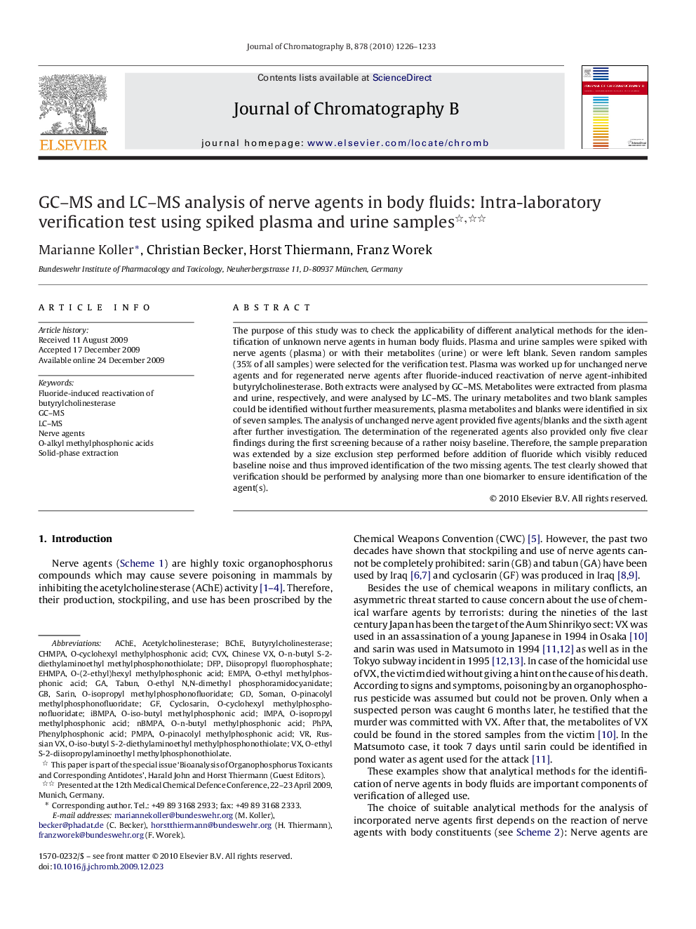 GC–MS and LC–MS analysis of nerve agents in body fluids: Intra-laboratory verification test using spiked plasma and urine samples 